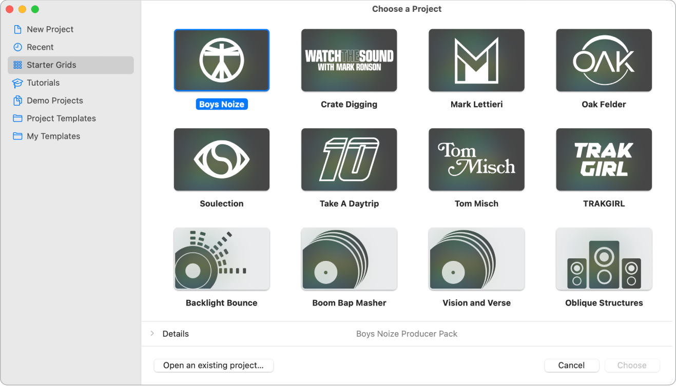 Figure. Project Chooser showing Live Loops starter grids.