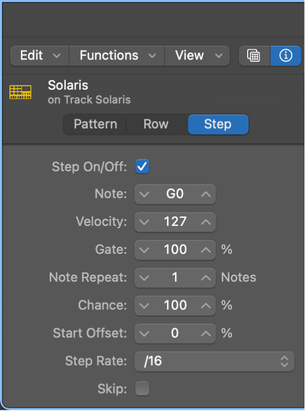 Step Sequencer Local inspector showing step settings.