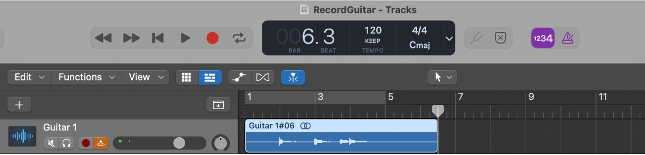 Figure. The Tracks area, showing the new audio region after recording.