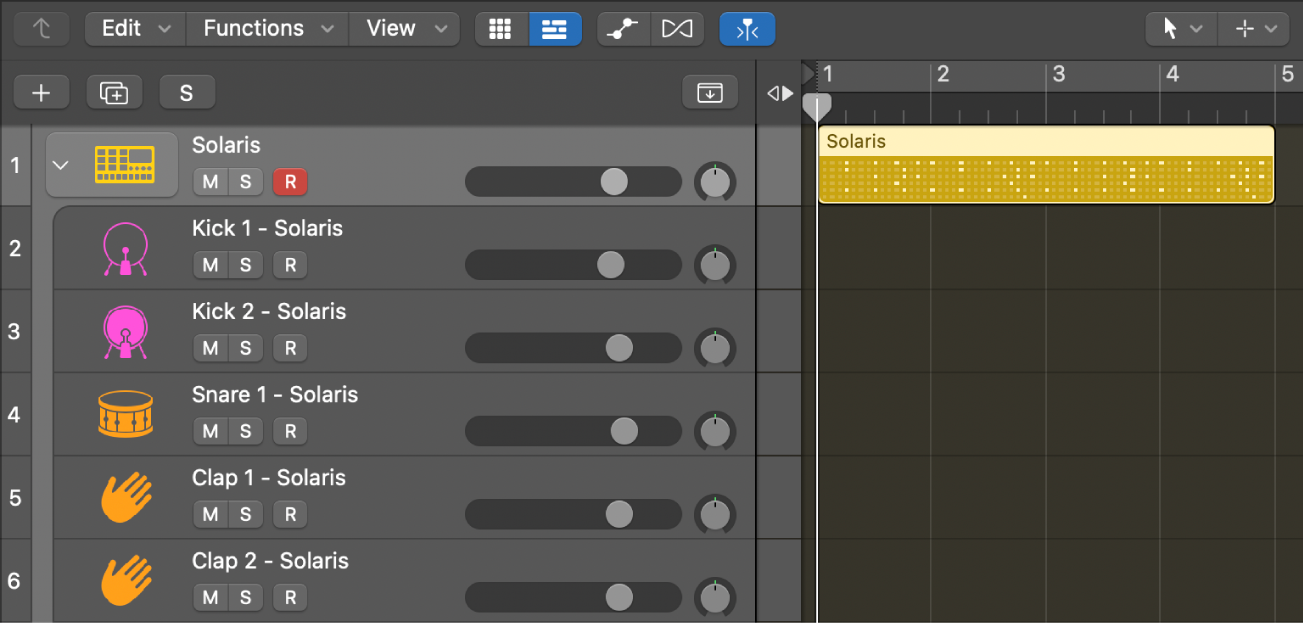 “Track Stack” de Drum Machine Designer con pasaje de patrón, mostrando subpistas vacías.