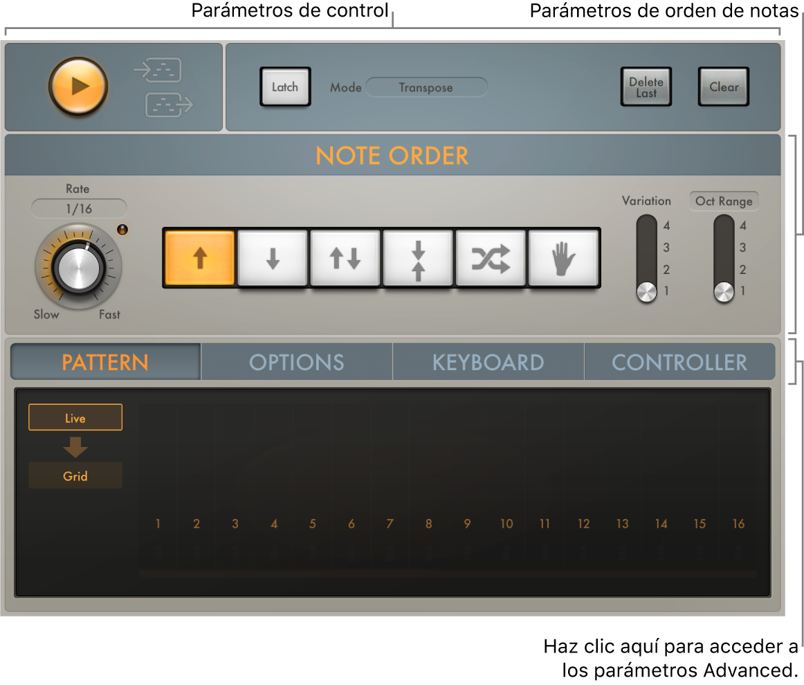 Ilustración. Ventana Arpeggiator, que muestra las principales áreas de la interfaz.