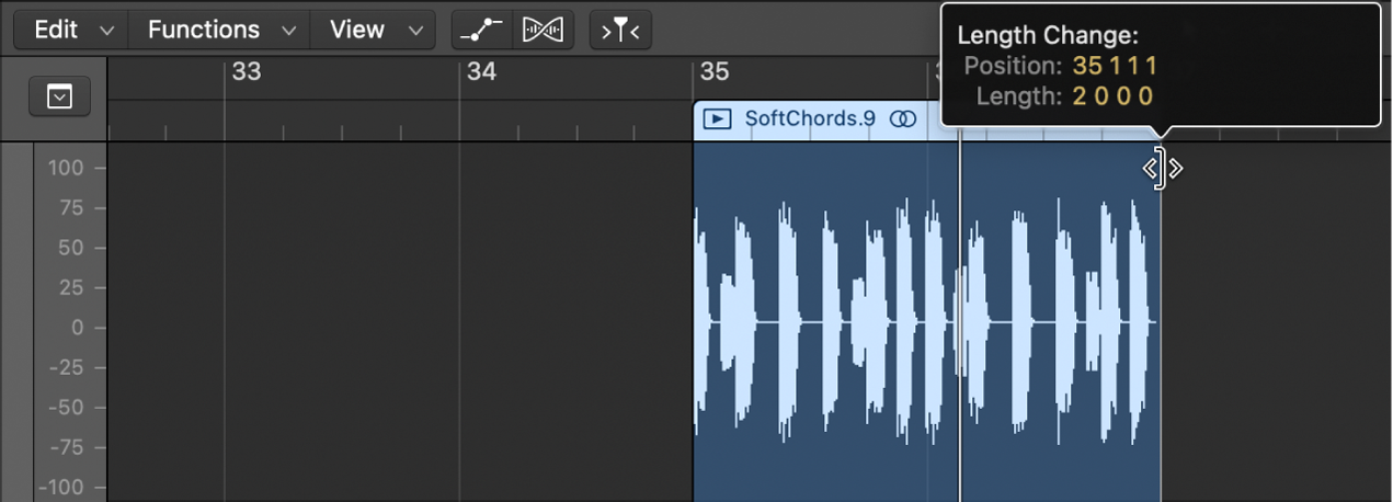 Ilustración. Se está acortando un pasaje de audio en el editor de pistas de audio. La etiqueta de ayuda muestra la longitud del pasaje.