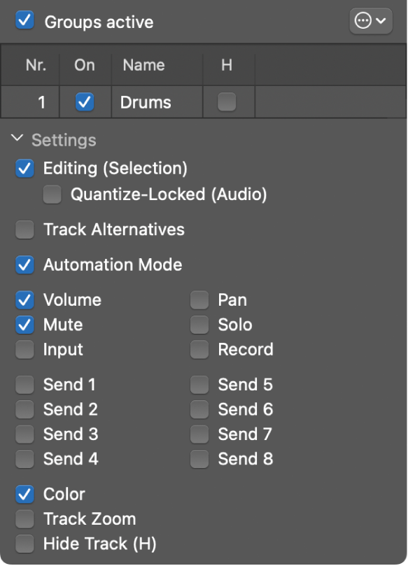 Figure. Menu Groupes avec sélection des options Édition et Quantification verrouillée (audio).