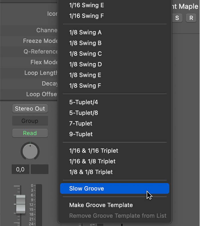 Figure. Nom du modèle de groove par défaut sélectionné dans le menu local Quantifier.