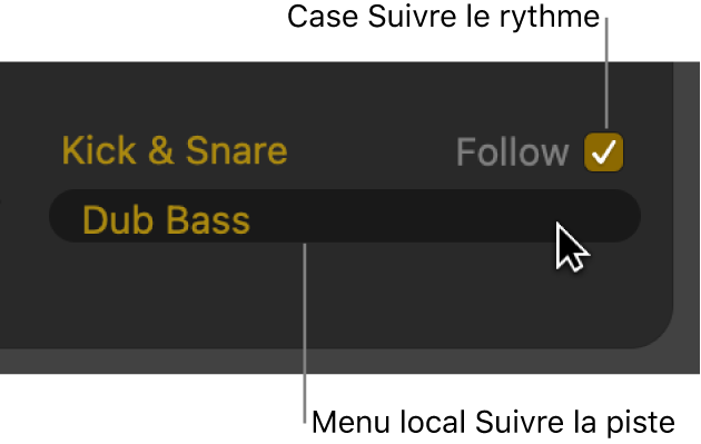 Figure. Case Suivre et menu local Suivre la piste dans l’éditeur de drummer.