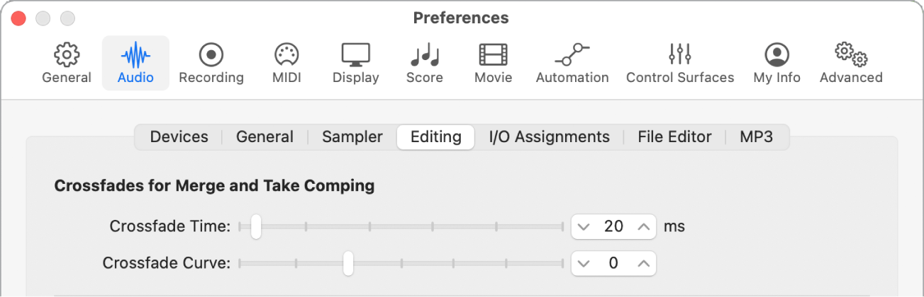 Figure. Paramètres de fondu dans les préférences audio d’édition.