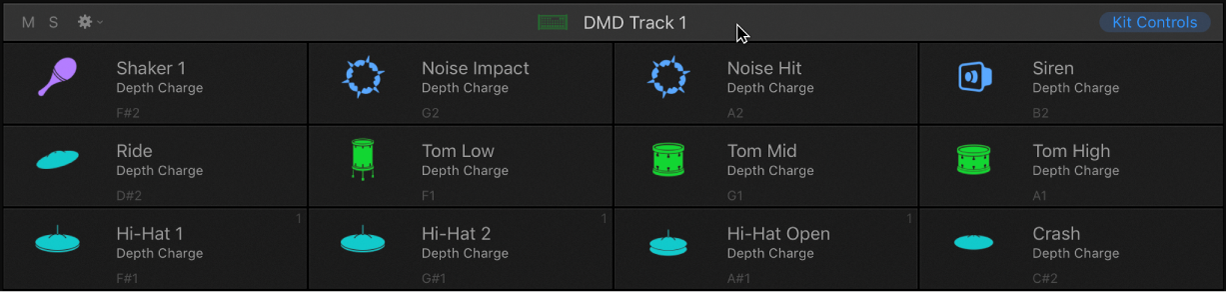 Figure. Grille et barre de commandes d’ensemble dans Drum Machine Designer.