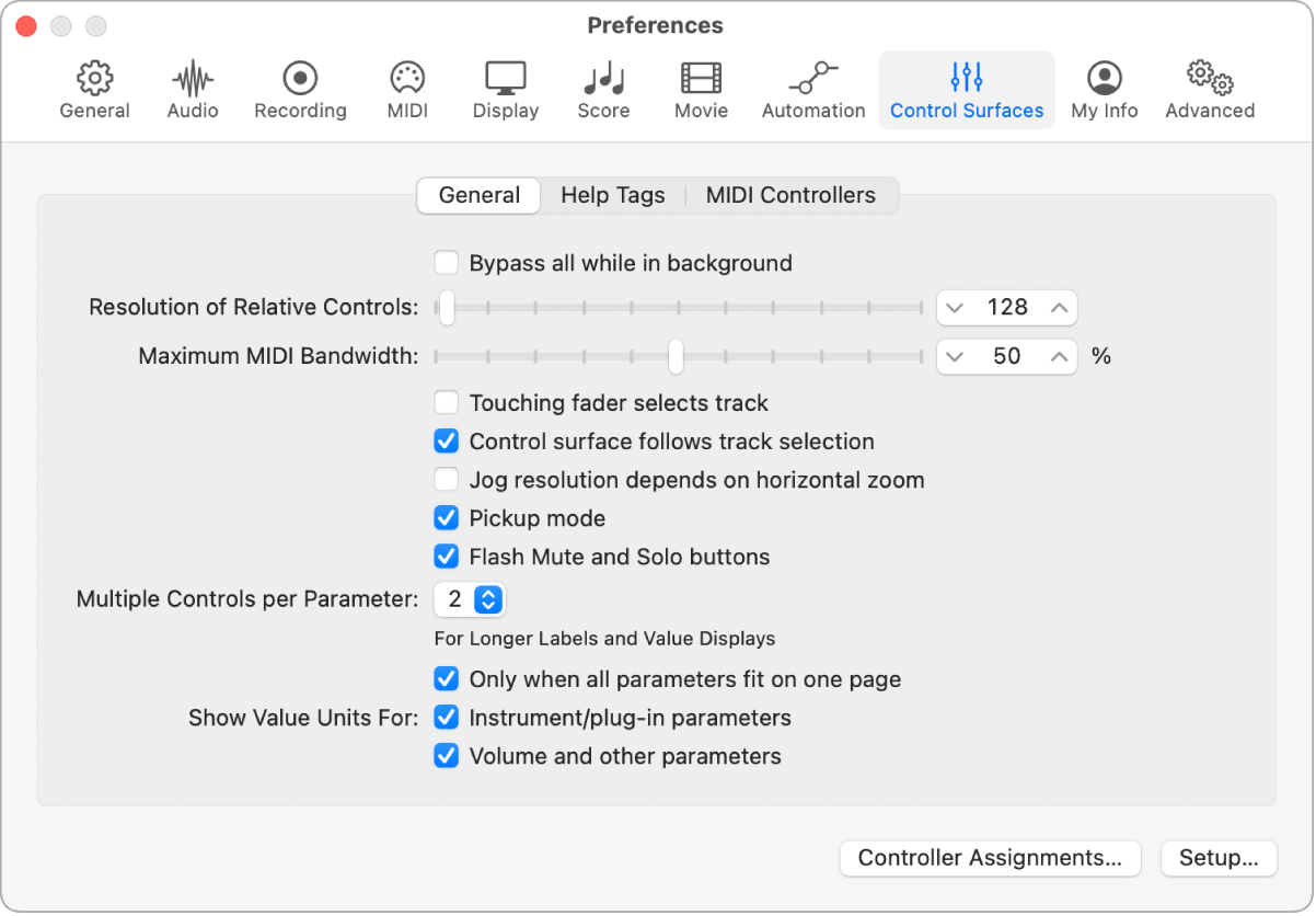 Figure. Fenêtre Préférences des surfaces de contrôle de Logic Pro.