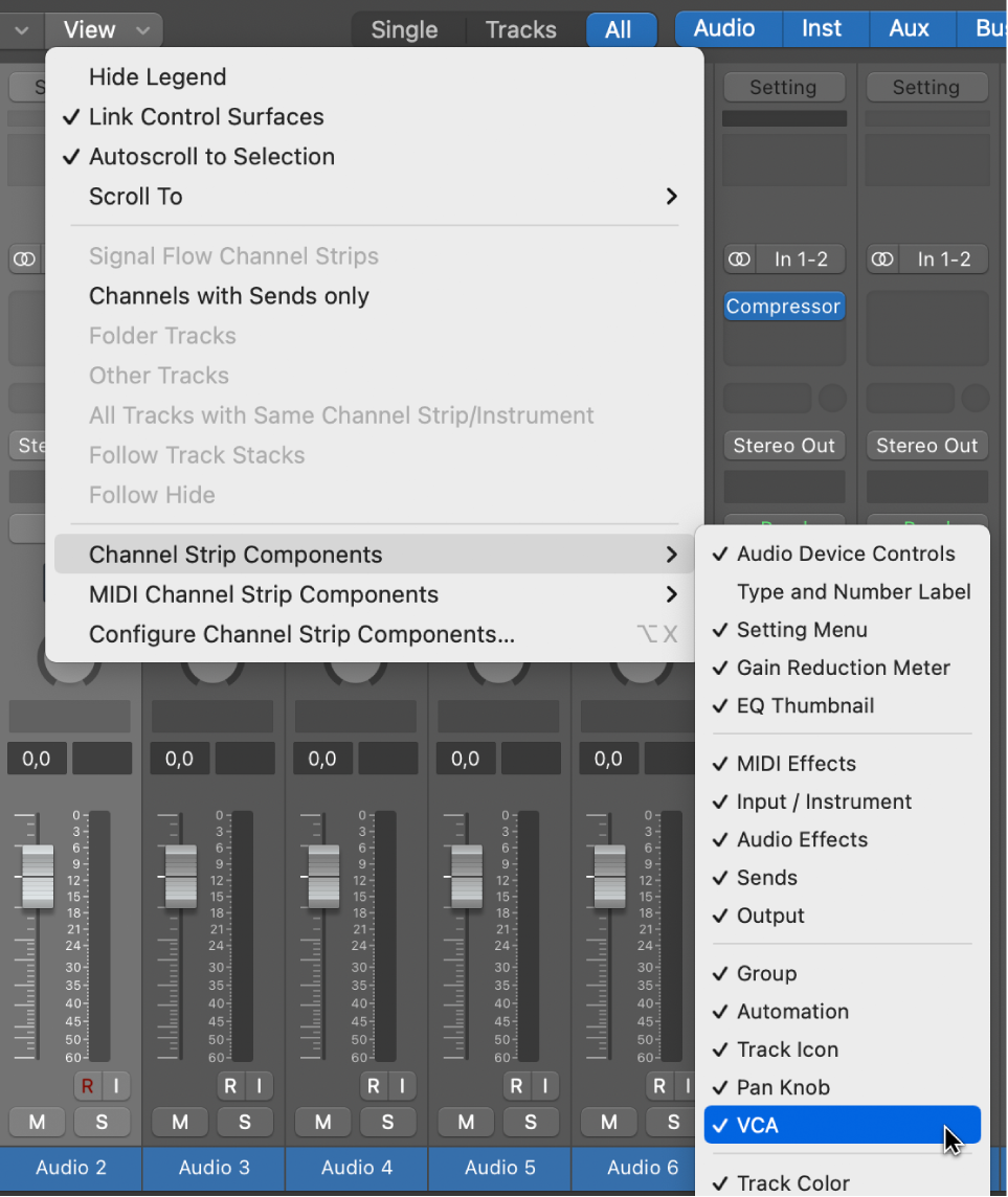 Figure. Sous-menu « Composants de tranche de console » dans le menu Présentation de la table de mixage.