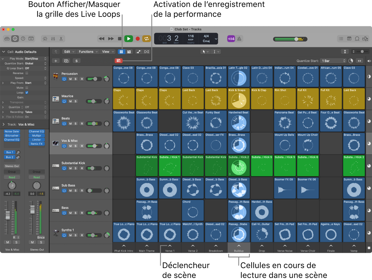 Figure. Grille des Live Loops avec des cellules en cours de lecture.