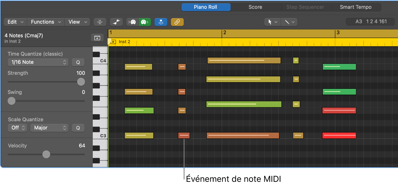 Figure. Éditeur de partition défilante, avec mise en évidence d’un évènement de note MIDI.