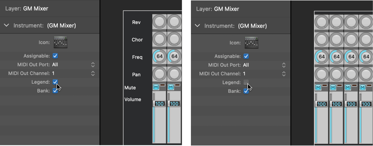 Figure. Case Légende de la table de mixage GM cochée et décochée.