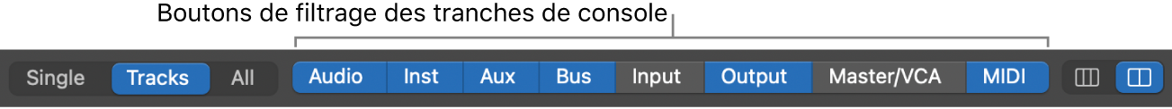 Figure. Boutons de filtre de tranches de console, avec quelques tranches de console sélectionnées.