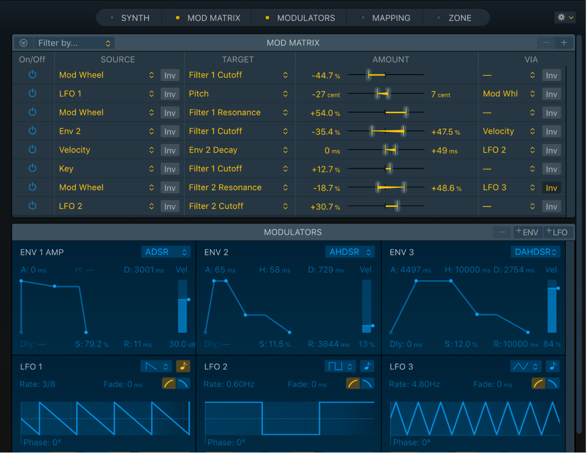 Figure. Sous-fenêtres Mod Matrix et Modulators de Sampler avec plusieurs enveloppes, LFO et routages de modulation.