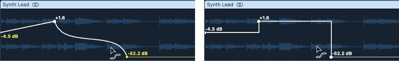Tout en maintenant la touche Option enfoncée, cliquez sur une courbe d’automation à l’aide de l’outil Courbe d’automation pour convertir une courbe continue en courbe instantanée.
