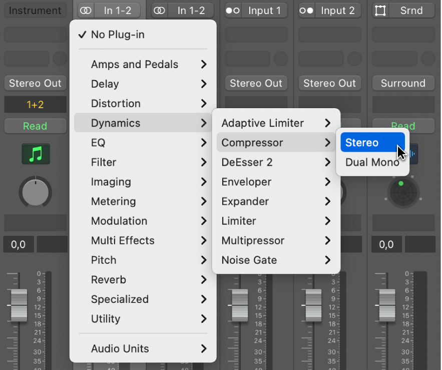 Figure. Choix d’un effet audio dans le menu local.