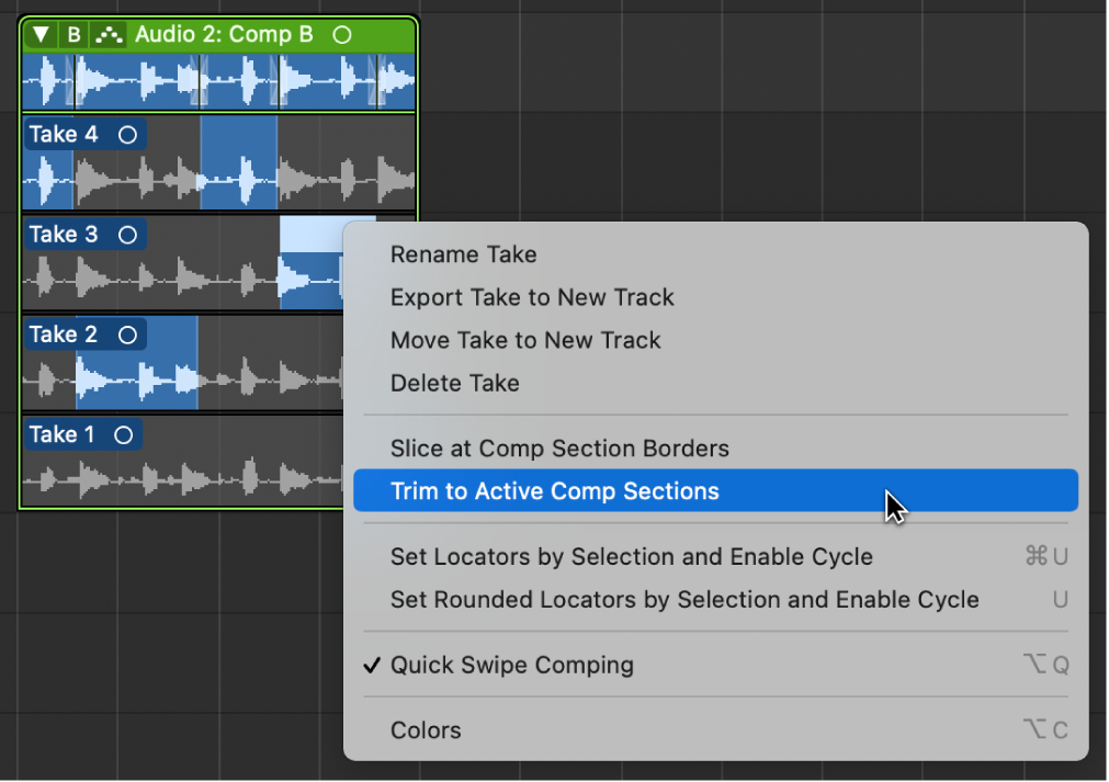 Figure. Sélection de « Trim jusqu’aux sections de composite actives » dans le menu contextuel.