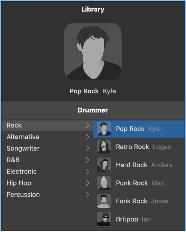 Figure. Menu Bibliothèque du drummer montrant des réglages relatifs aux pistes.