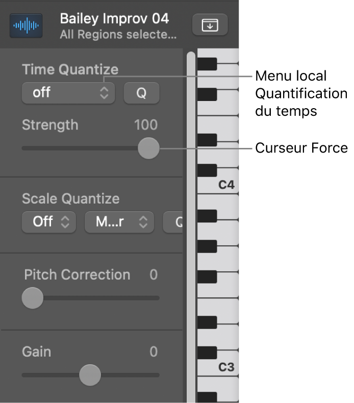 Figure. Menu local Quantification du temps et curseur Force.