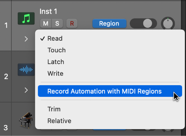 Enregistrement d’automation avec l’élément de menu Régions MIDI dans le menu local Mode d’automation.