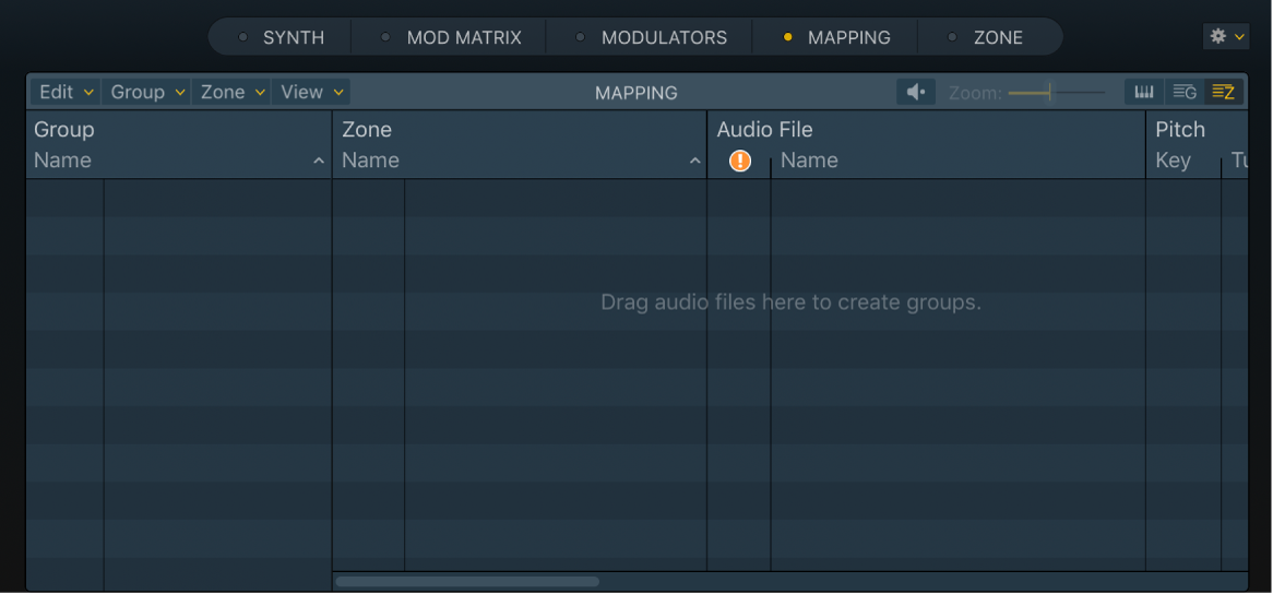  Figure. Présentation Zone vide dans Sampler, avec message invitant l’utilisateur à y déposer des fichiers audio.