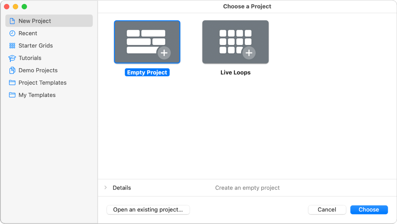 Figure. Sélecteur de projet avec l’option Projet vide sélectionnée.