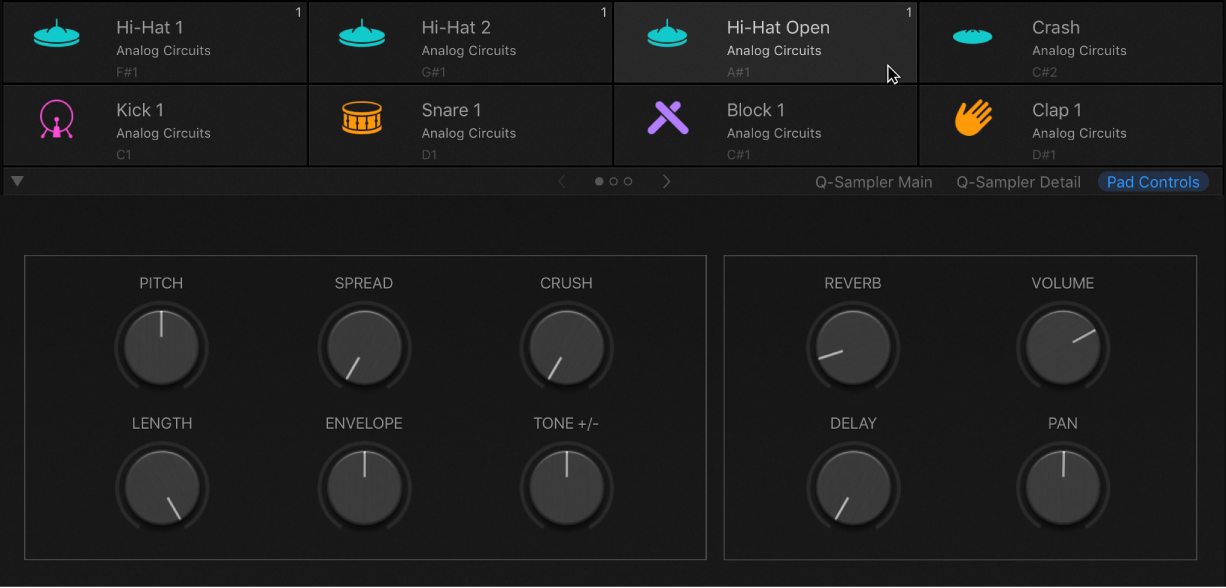 Figure. Drum Machine Designer avec pad sélectionné affichant les paramètres Smart Controls de pièce d’ensemble.