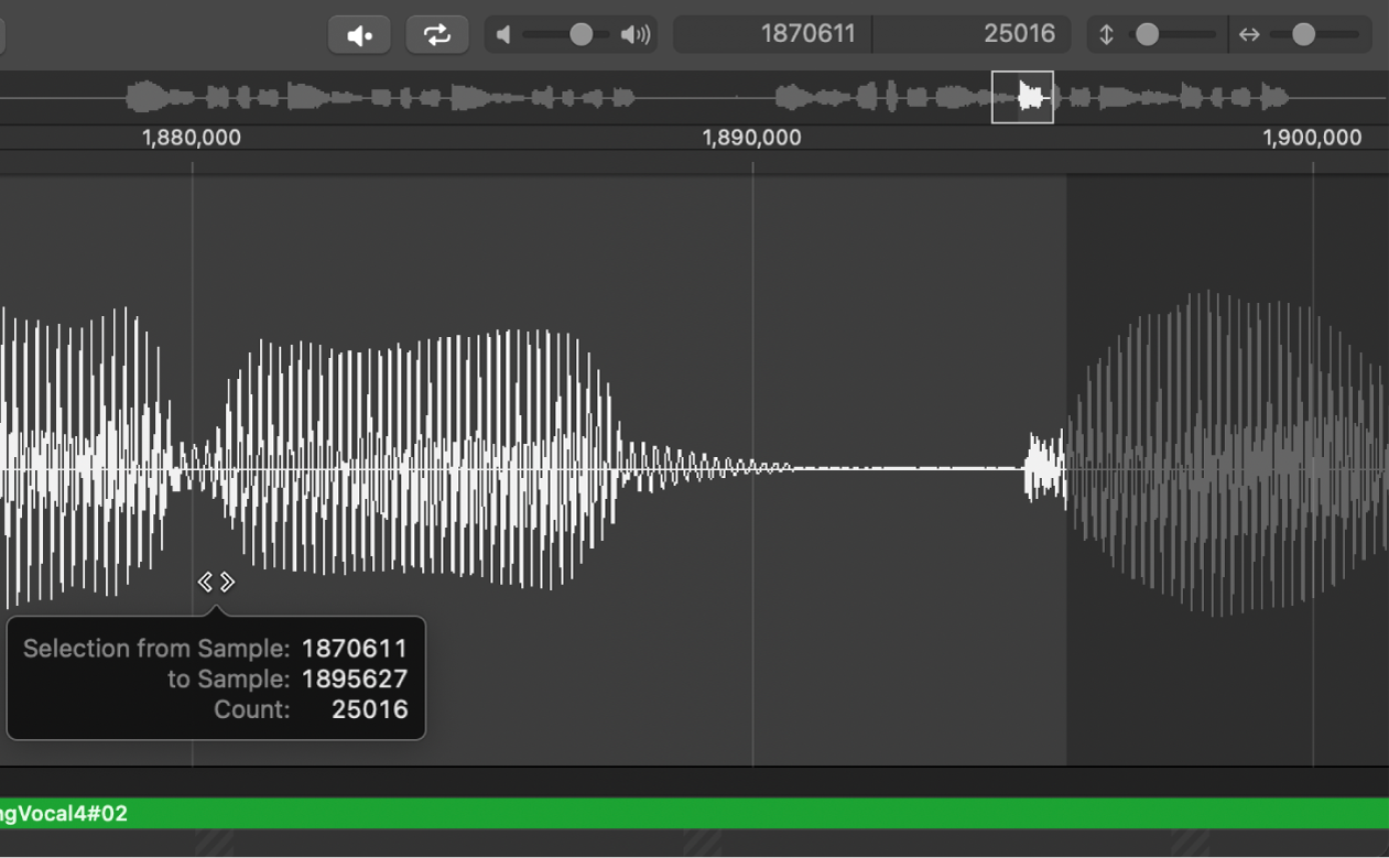 Figure. Sélection dans l’éditeur de fichier audio avec flèche double sur le centre.