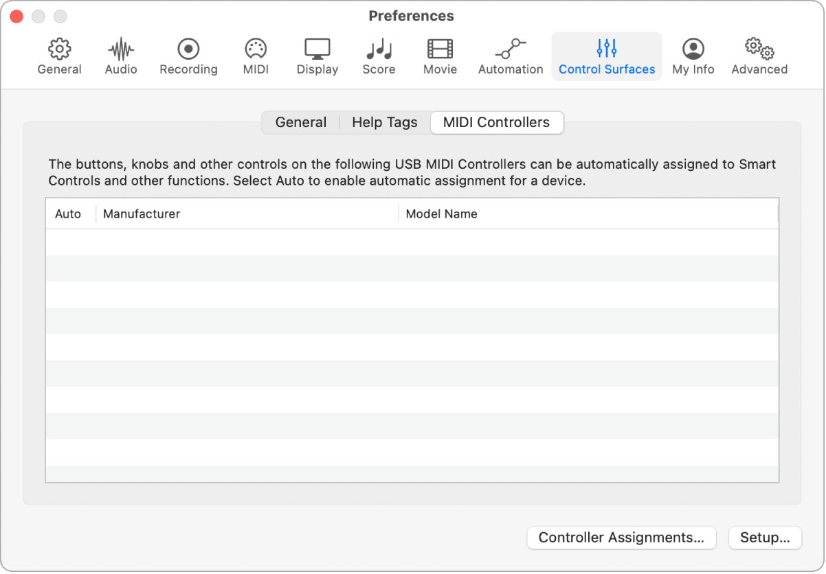 Figure. Préférences des contrôleurs MIDI de Logic Pro