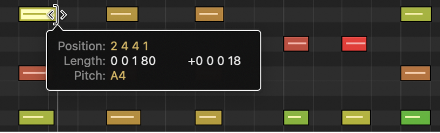 Figure. Glissement du bord inférieur droit d’une note MIDI dans l’éditeur de partition défilante. La bulle d’aide mentionne la durée de la note.