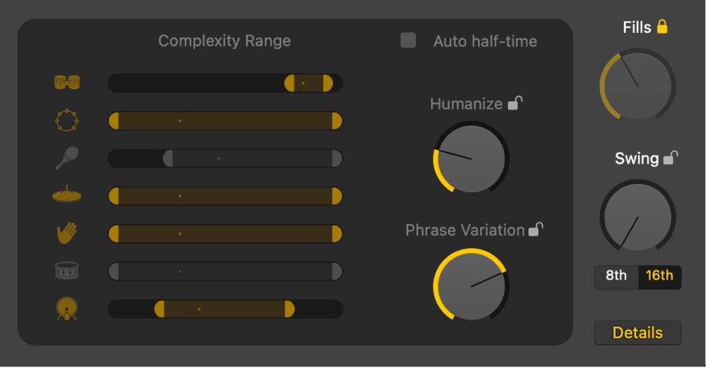 Figure. Potentiomètre Humaniser, potentiomètre Évolution et curseurs Plage de complexité dans l’éditeur de drummer.