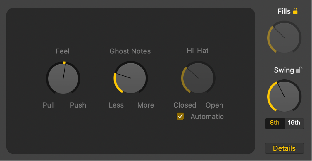 Figure. Éditeur de drummer avec le bouton Détails sélectionné, montrant les potentiomètres Sensation, Notes fantômes et Charleston.