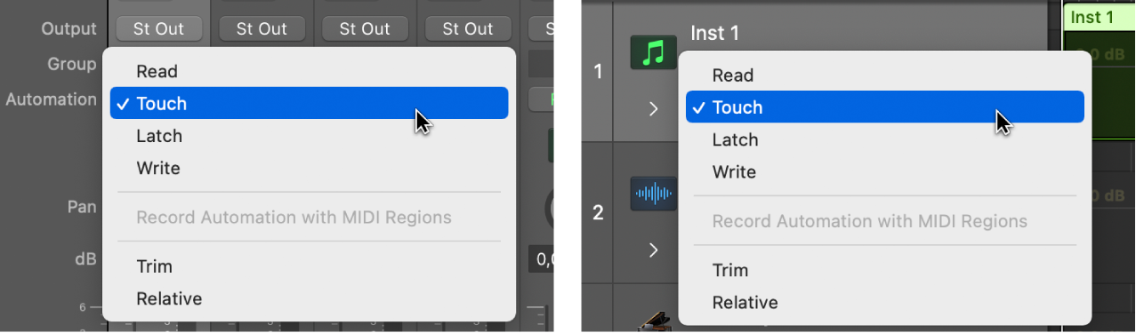 Menu local Mode d’Automation