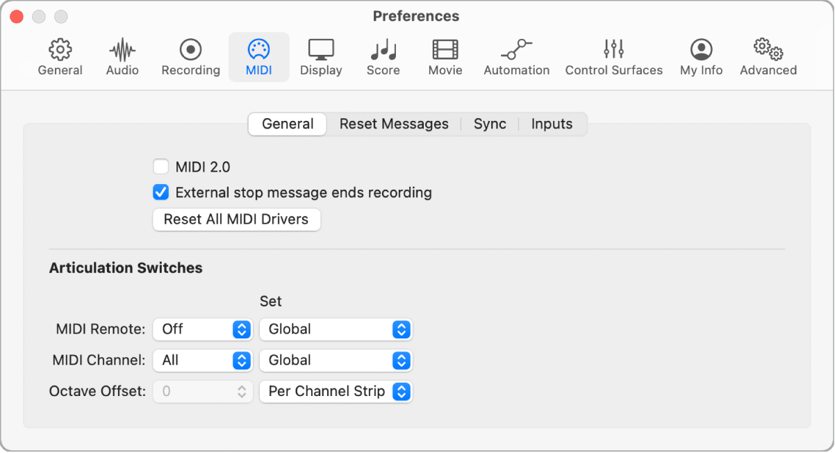 図。「MIDI」の「一般」環境設定