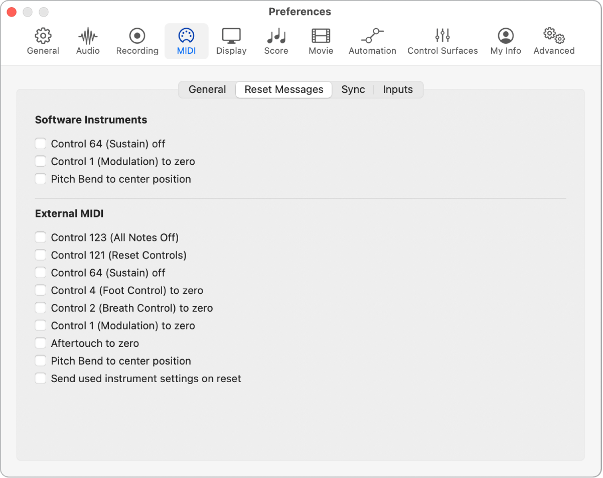 図。「MIDI」の「リセットメッセージ」環境設定。