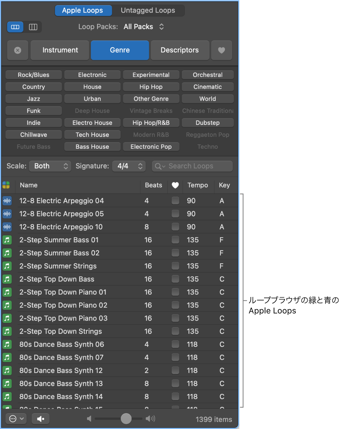 ソフトウェア音源（緑）とオーディオ（青）のApple Loopsが表示されたループブラウザ。