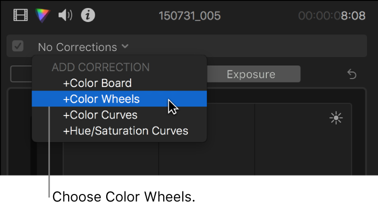 Roues des couleurs choisies dans la section Ajouter une correction du menu local situé en haut de l’inspecteur de couleur