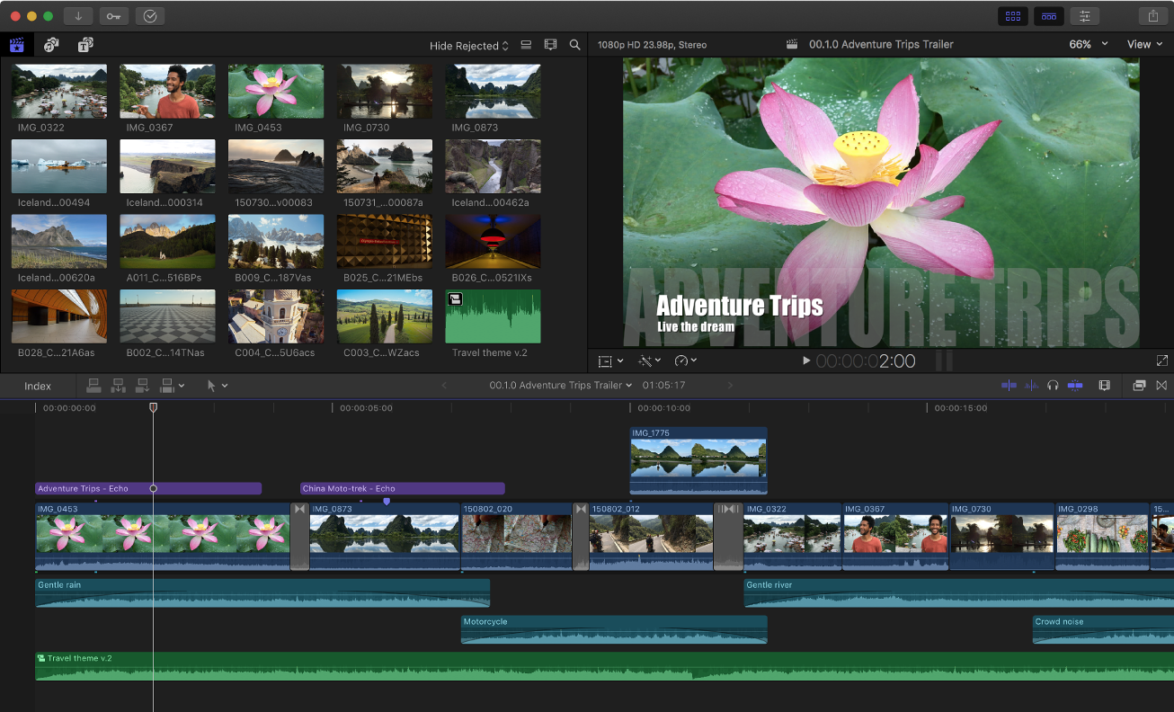 Fenêtre de Final Cut Pro affichant le navigateur, le visualiseur et la timeline