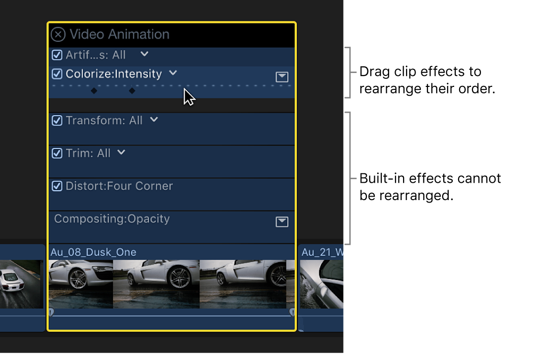 Glissement d’un effet dans l’éditeur d’animation vidéo