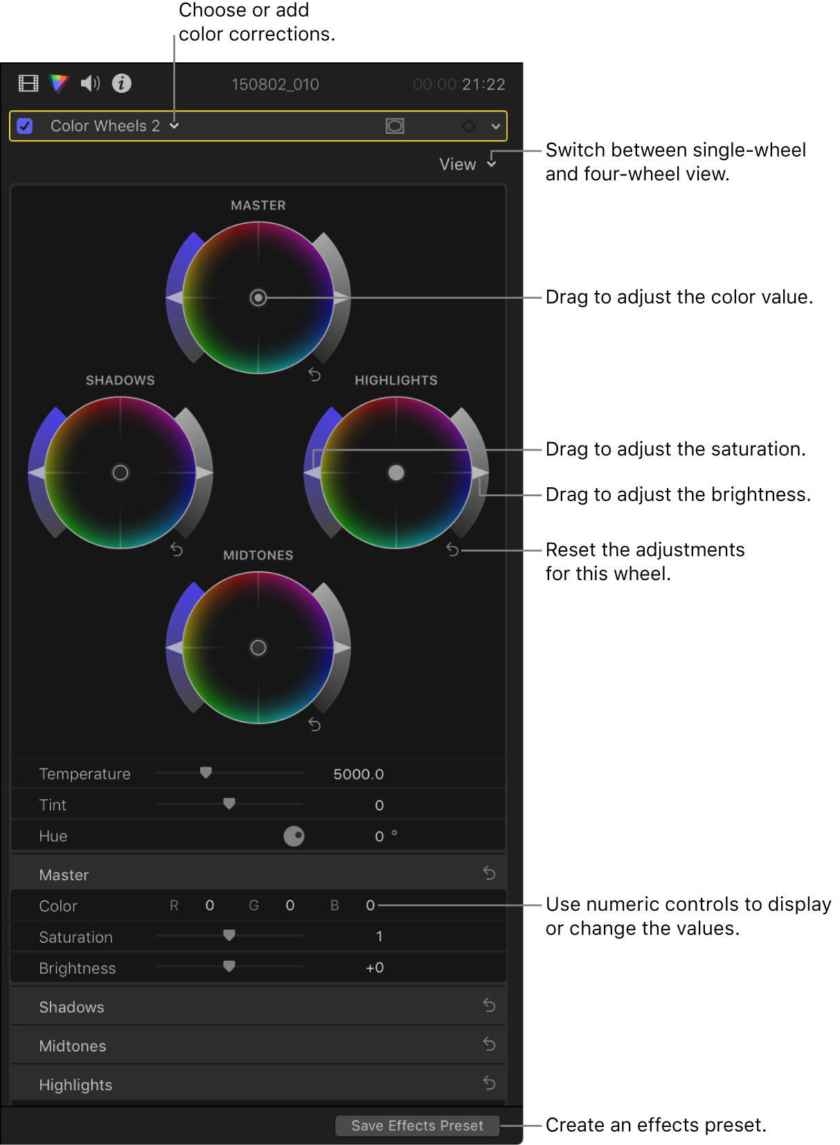 Commandes des roues des couleurs dans l’inspecteur de couleur