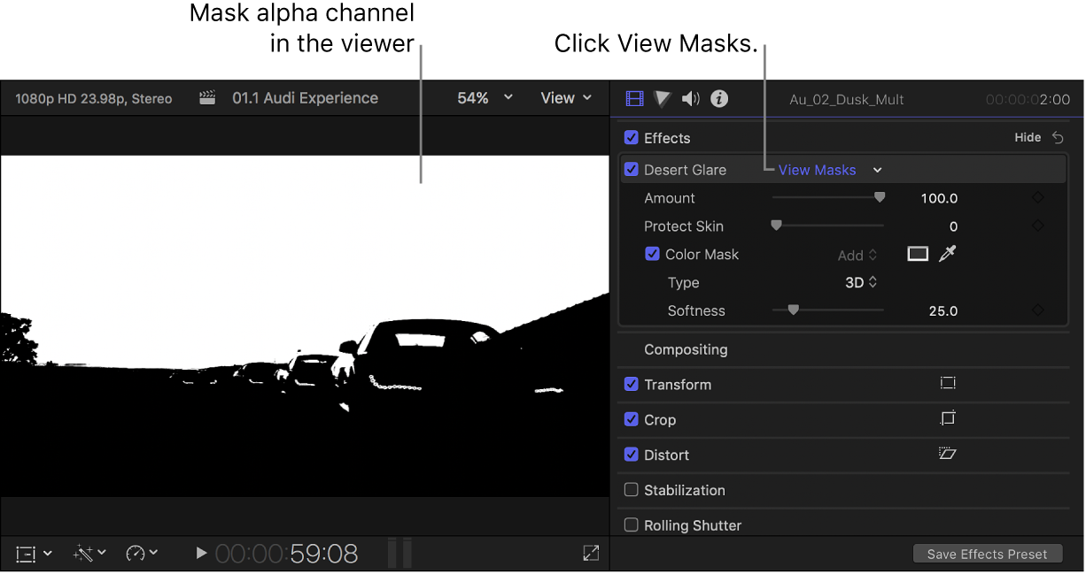 Visualiseur à gauche affichant le canal alpha du masque et inspecteur vidéo ouvert à droite