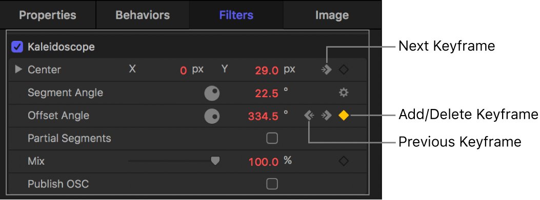 Inspector showing Previous Keyframe, Add/Delete Keyframe, and Next Keyframe controls