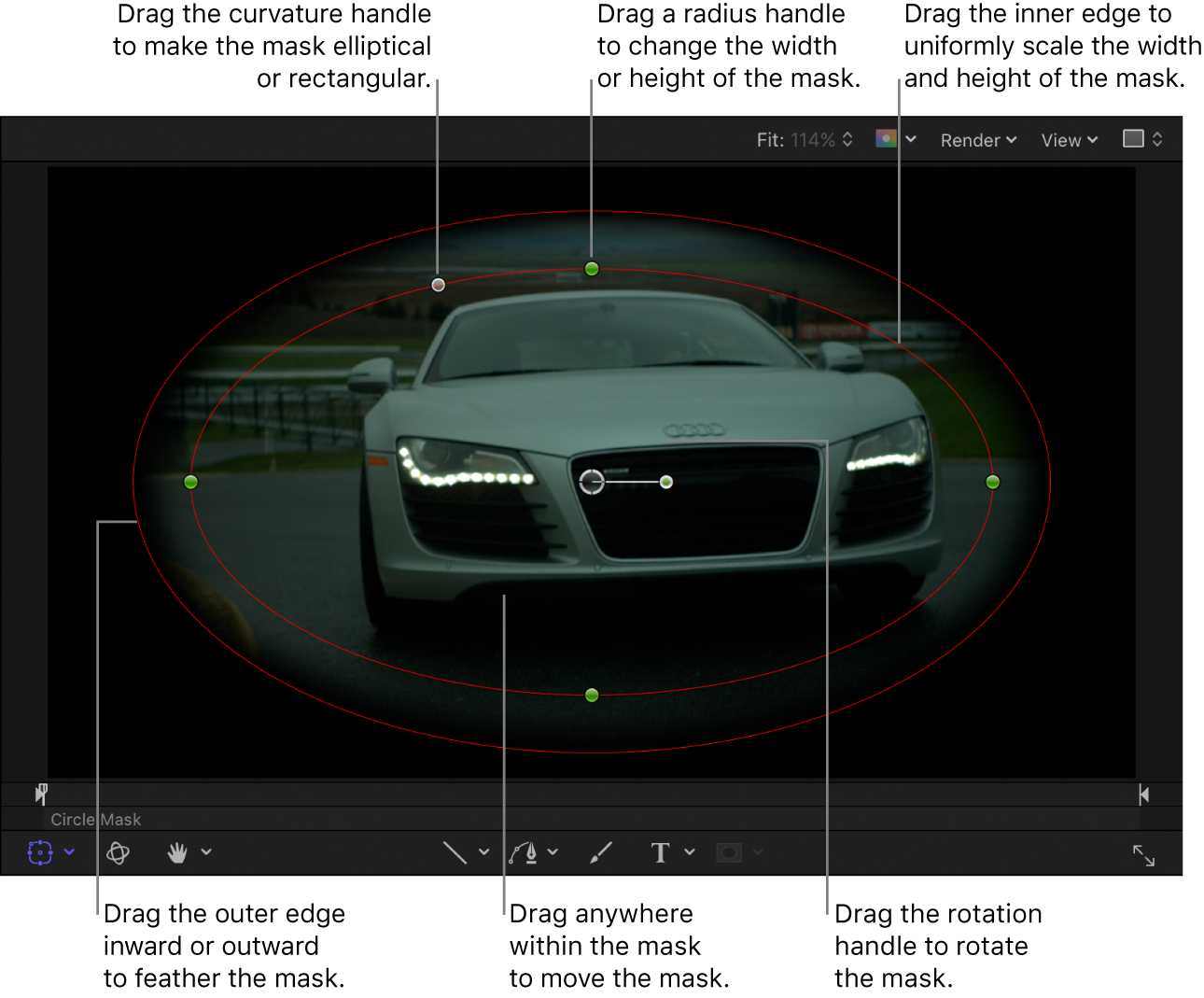 Onscreen controls to scale, feather, adjust curvature, and rotate a simple mask