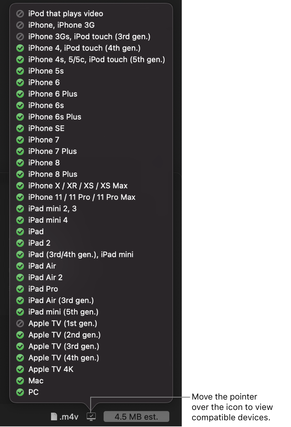 Lista de dispositivos compatibles en la ventana Compartir de Dispositivos Apple