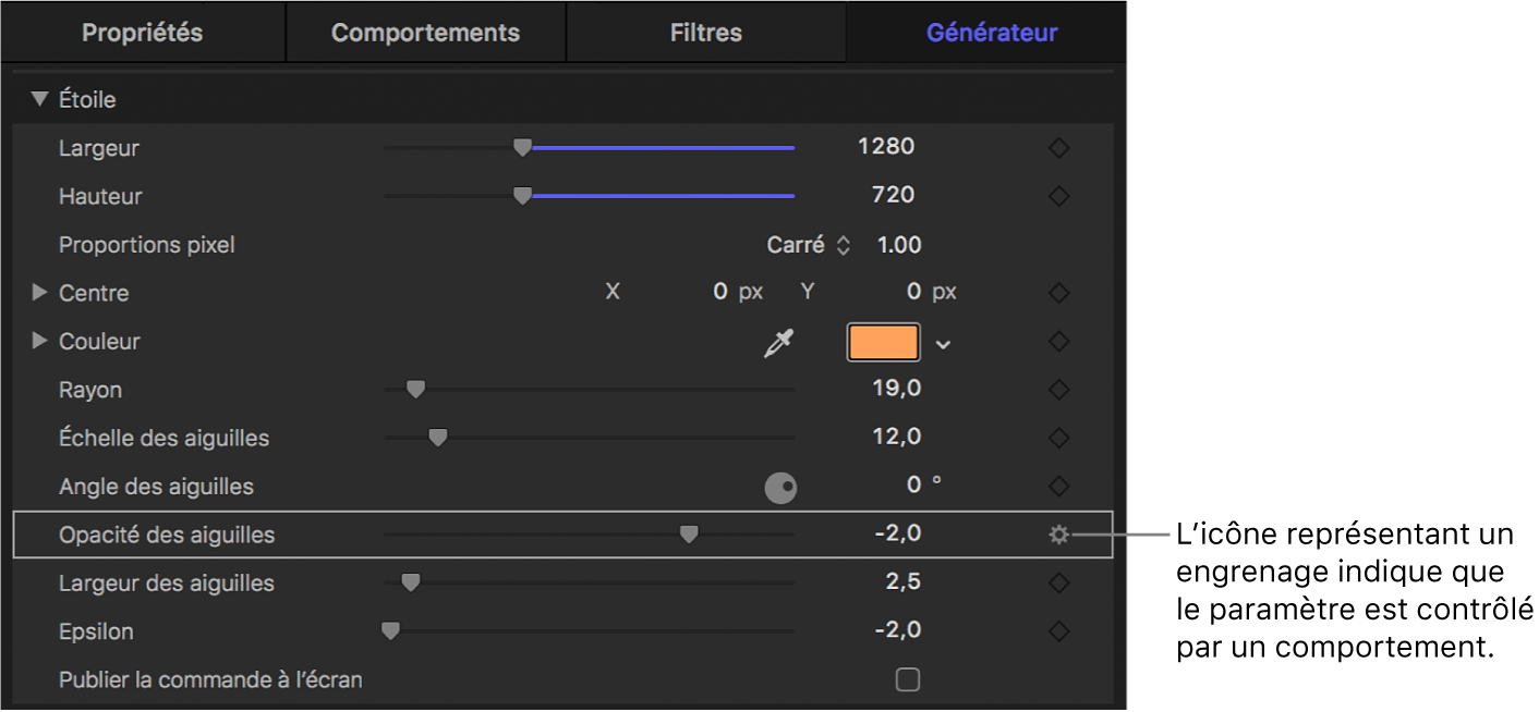 Inspecteur de générateur affichant l’icône Comportements sur le paramètre Opacité des aiguilles