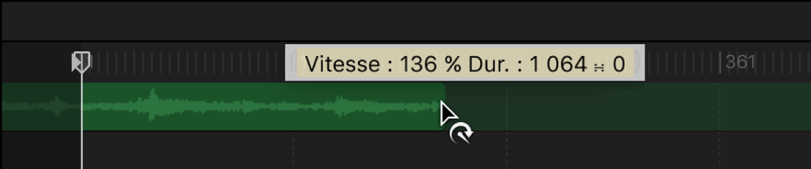 Timeline affichant un clip audio réduit à l’aide du pointeur de resynchronisation