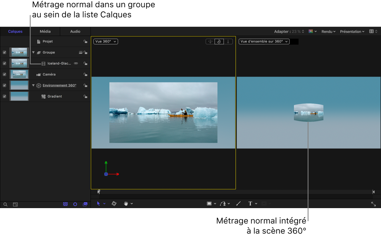 Métrage standard ajouté à un objet groupe du projet 360°