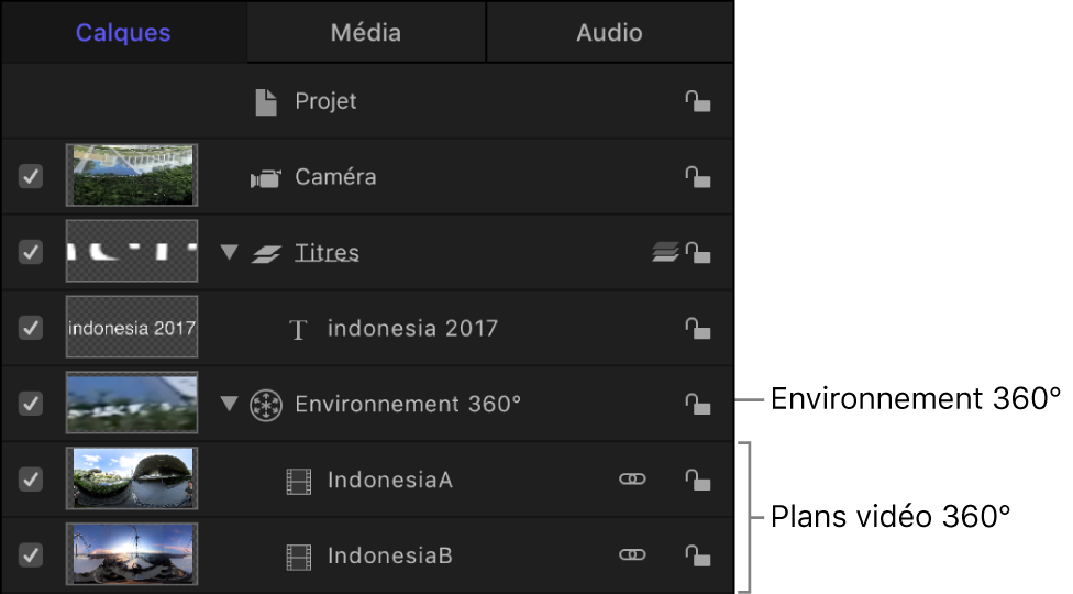 Liste Couches répertoriant un environnement 360° qui se compose de plans vidéo 360°