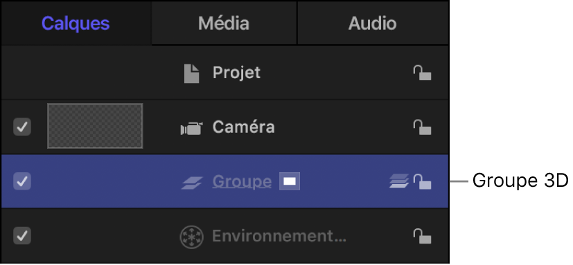 Liste Calques affichant un groupe 3D