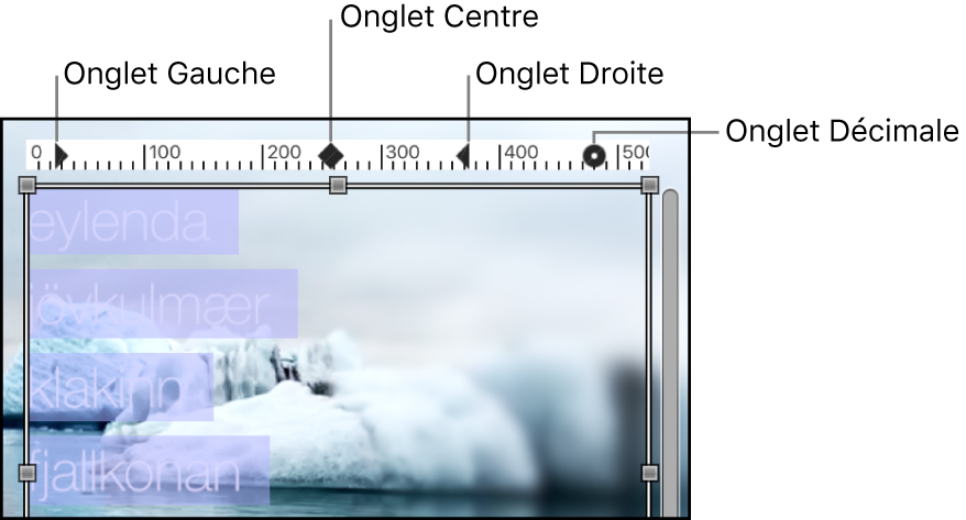 Canevas affichant un objet texte avec la règle et différents types d’onglets